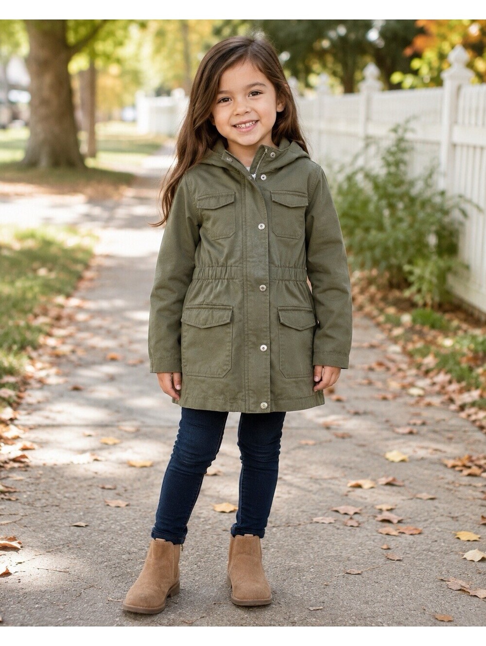 Cat & Jack Girls S 6/6X Olive Green Hooded Utility Jacket 4 Pocket Cotton